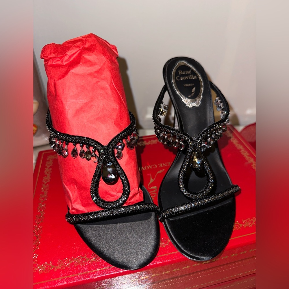 Rene Caovilla Chantel Black Satin Jet Silver Night Strass